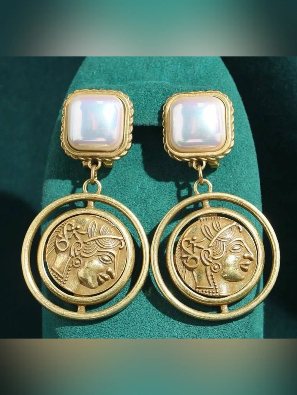 Gold-Tone Coin Drop Earrings with Iridescent Pearl Cabochon